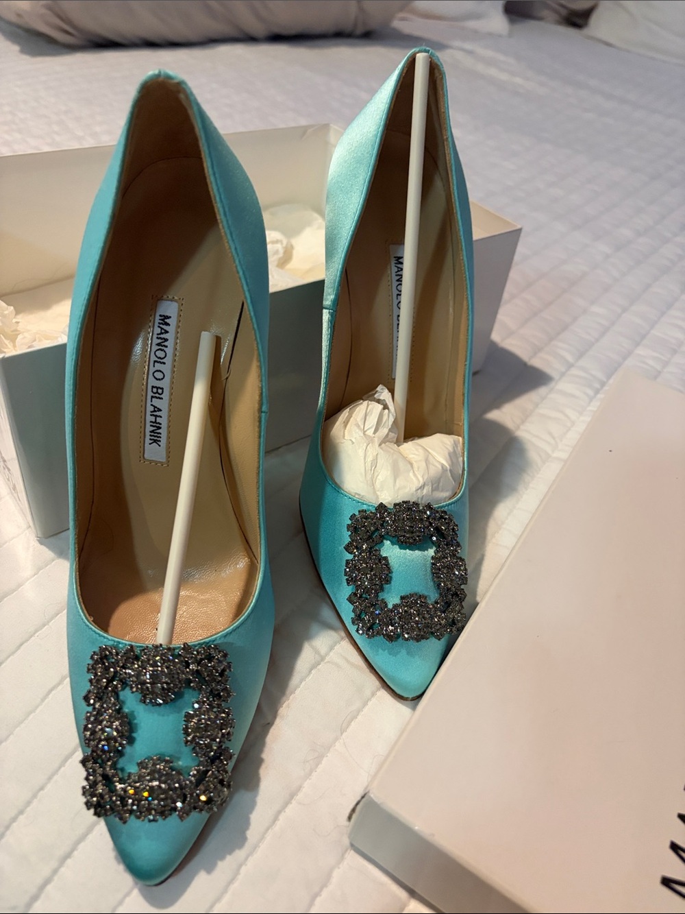 Manolo Blahnik Turquoise Satin Pointed-Toe Pumps with Crystal Embellishment